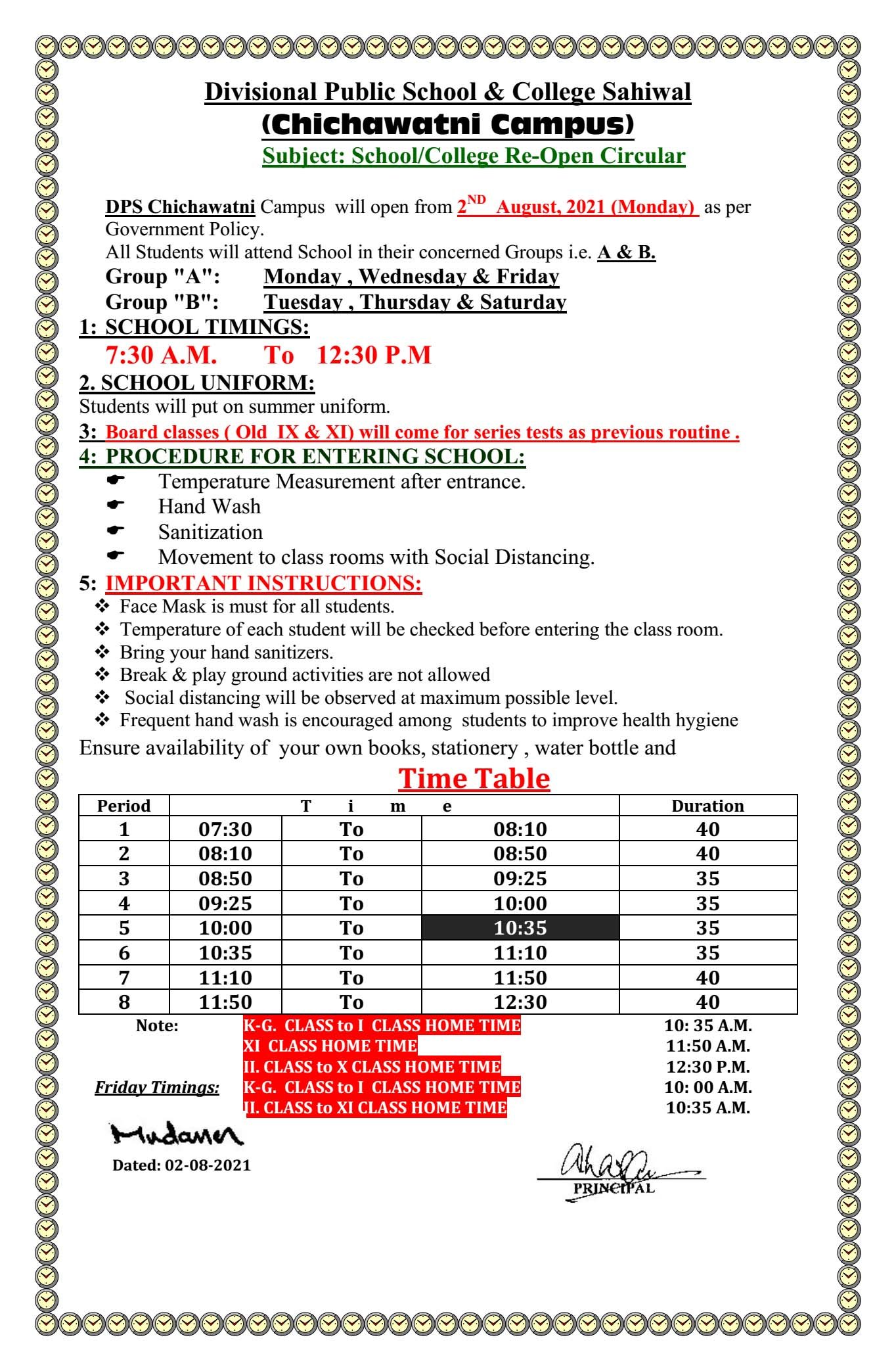 Time Table August 2021