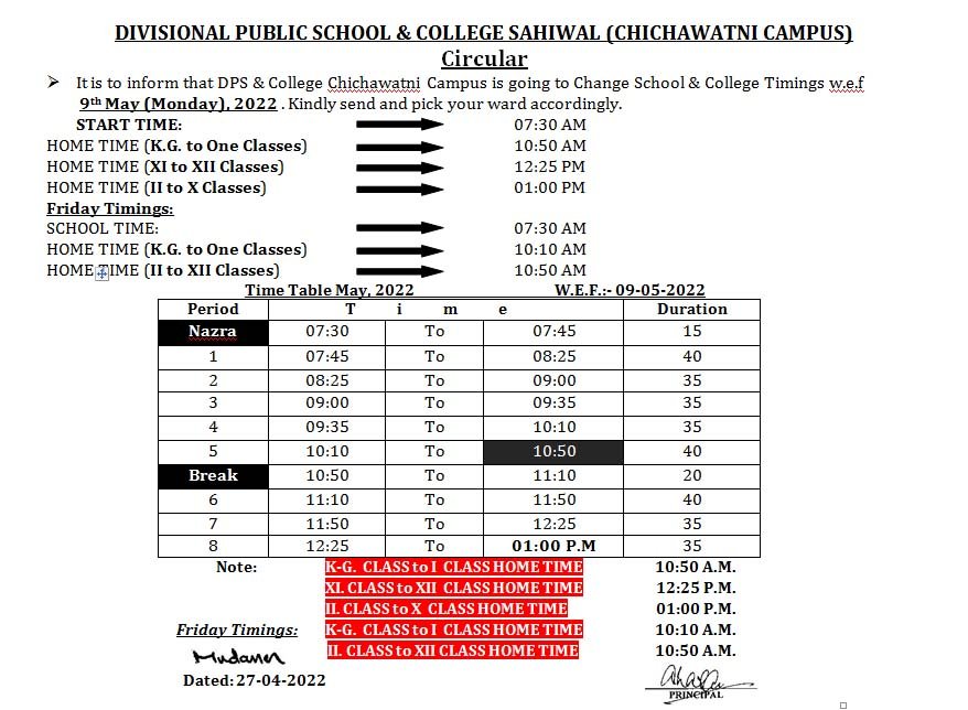 Time Table May 2022 DPS Chichawatni
