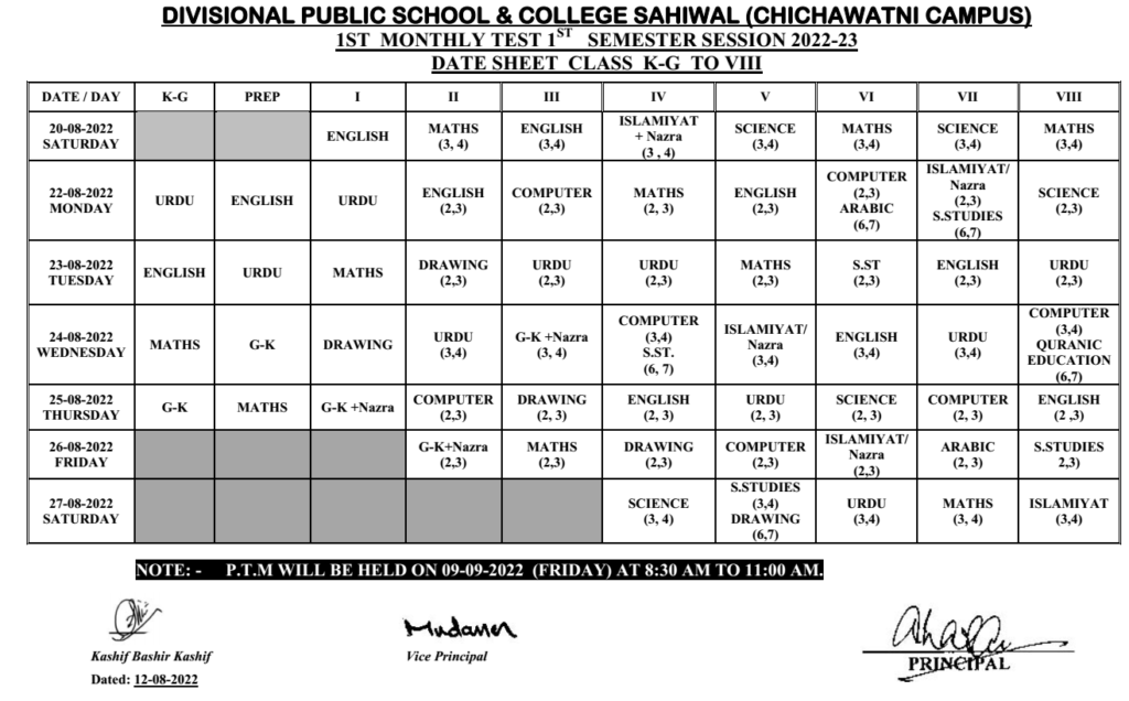 Datesheet 1St Monthly Test 1024x636