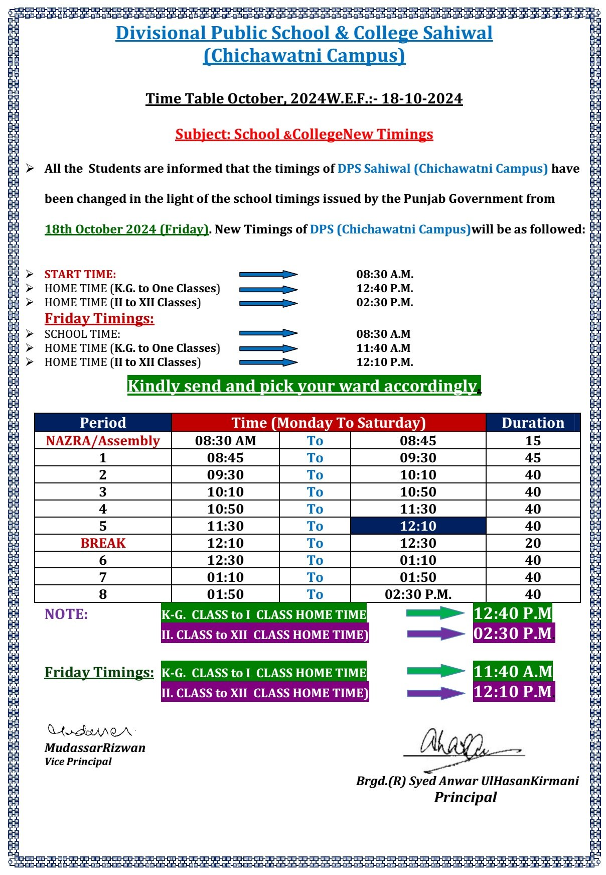 Time Table October 2024