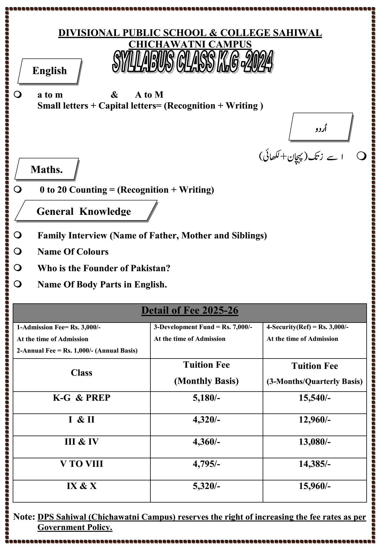 Syllabus Admission Test