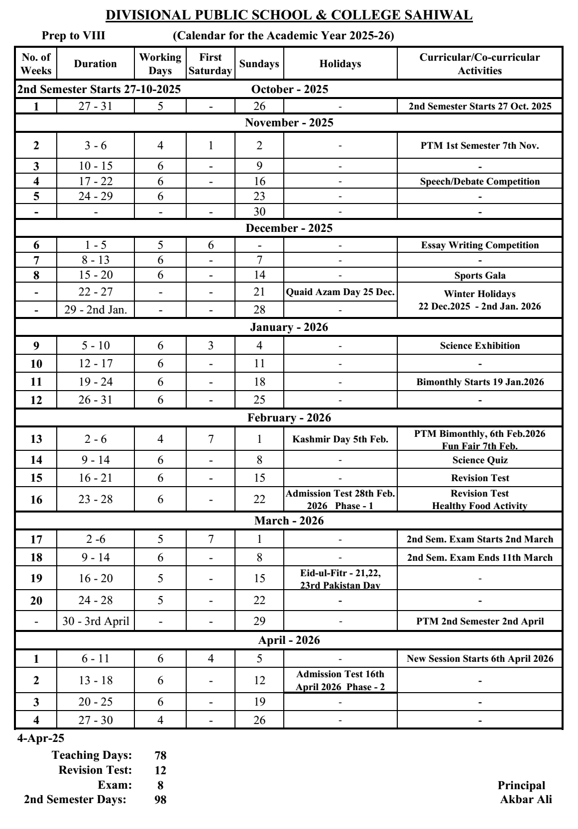 Calander 25 26 2nd Sem