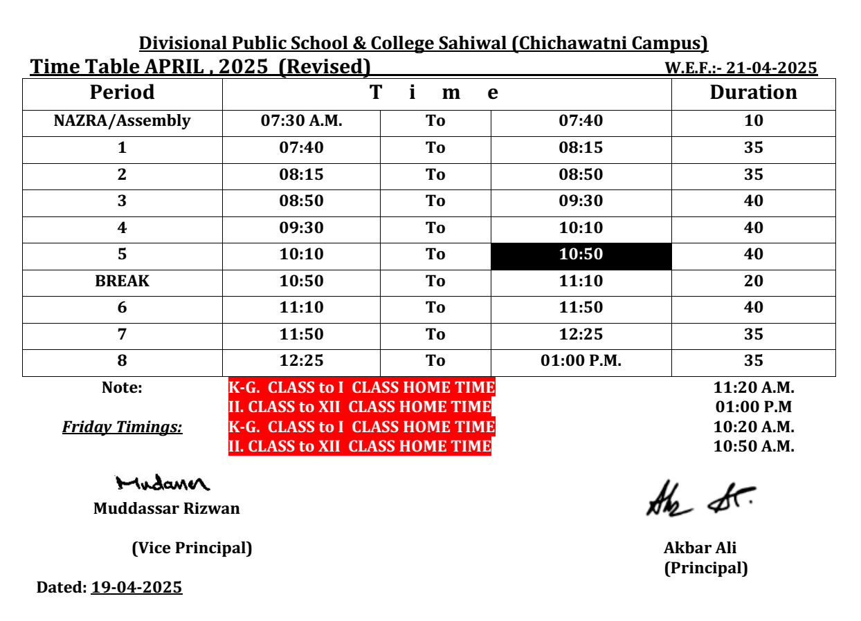 Revised Time Table April 2025